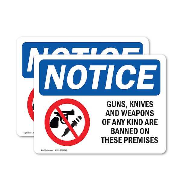 Signmission Guns Knives Weapons Banned On These Premises OSHA Notice Sign, Vinyl Decal, 5in W x 3.5in L, 2PK OS-2PACK-NS-D-35-L-15758 - main